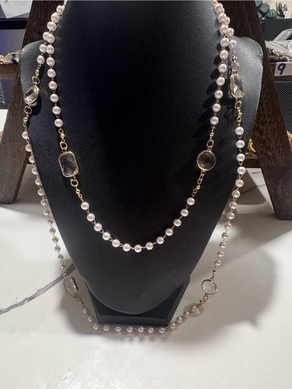 Pearl and Crystal Stationed Long Necklace - Unbranded